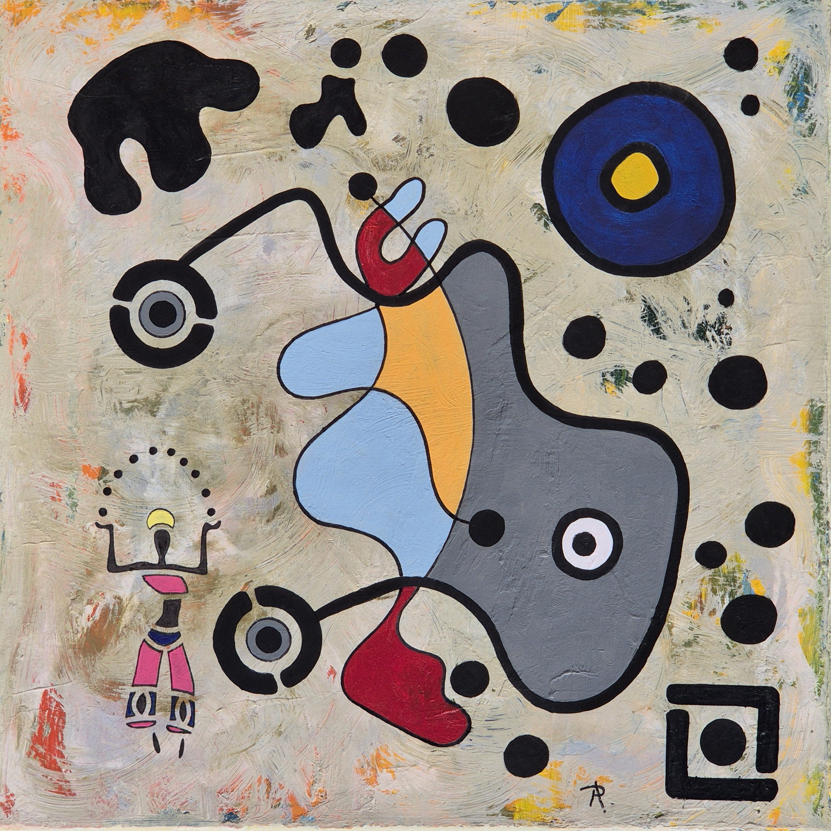 Abstract artwork featuring colorful shapes and forms, including a gray and orange central figure, surrounded by various circles and black elements on a textured background.