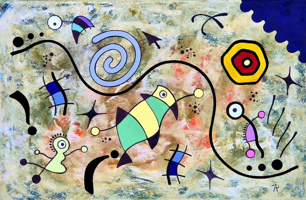 An abstract painting featuring colorful shapes and lines on a textured background, including stylized fish, spirals, and geometric forms.