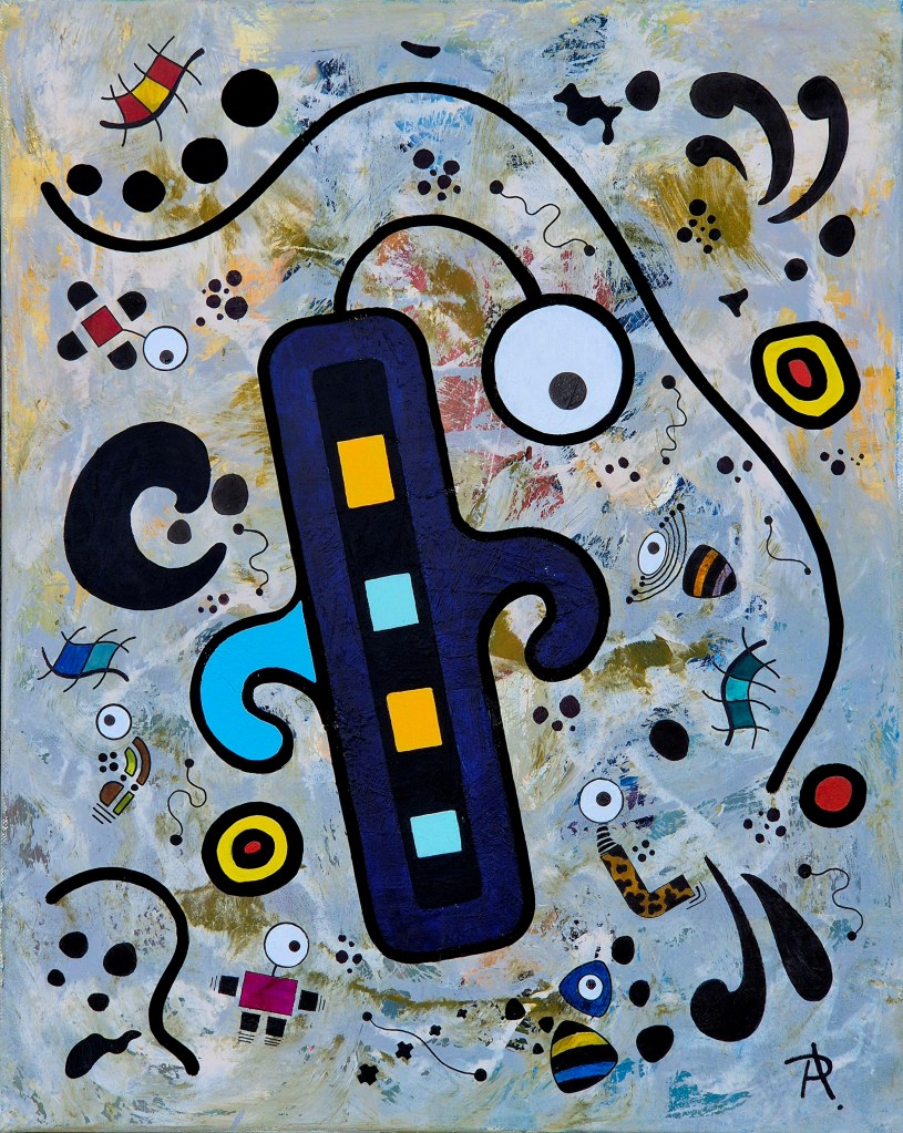 Abstract artwork featuring vibrant shapes and colors, with a dominant dark figure and various playful motifs in a textured background.