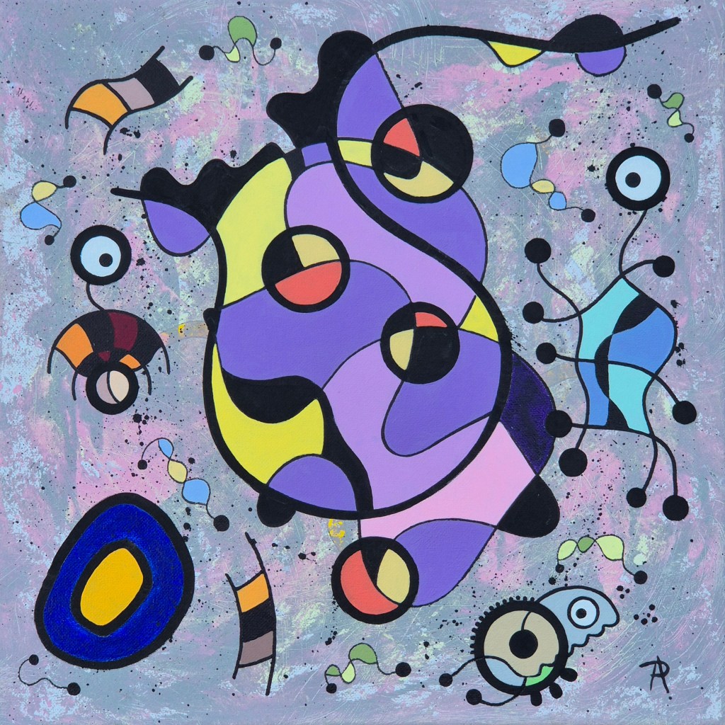 An abstract painting featuring vibrant shapes and colors, including purple, yellow, red, and blue against a textured gray background. The composition includes various circular and organic forms, creating a dynamic visual experience.