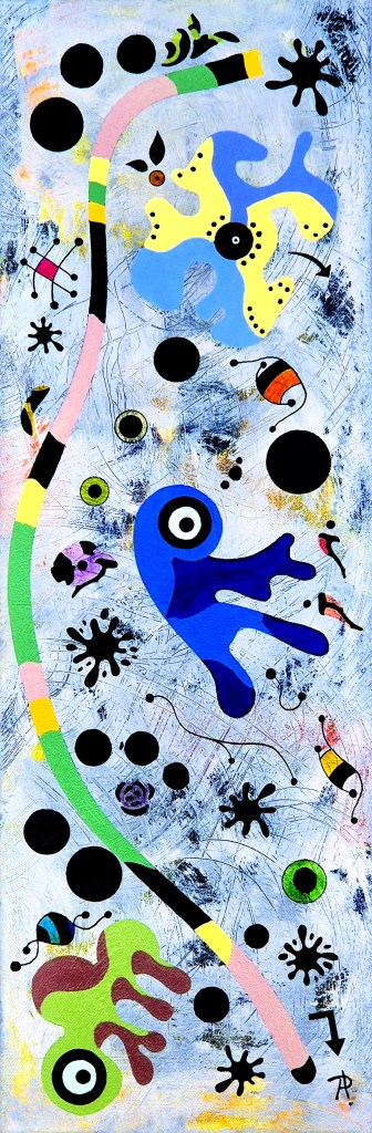 Abstract painting with vibrant colors on a light background, featuring organic shapes, dots, and flowing lines.