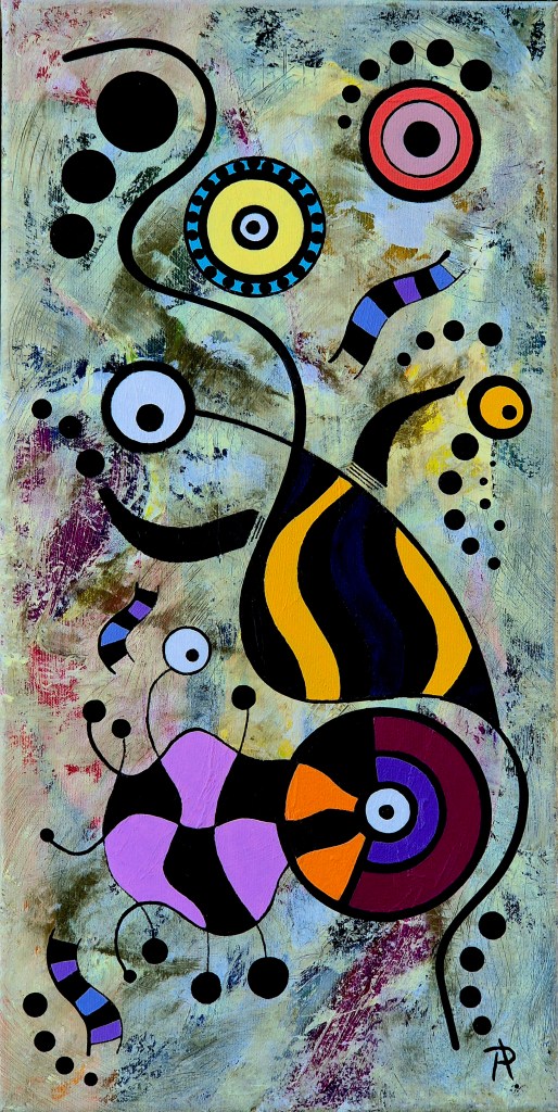 Abstract painting featuring colorful shapes and patterns, with a mix of circles, spirals, and organic forms on a textured background.