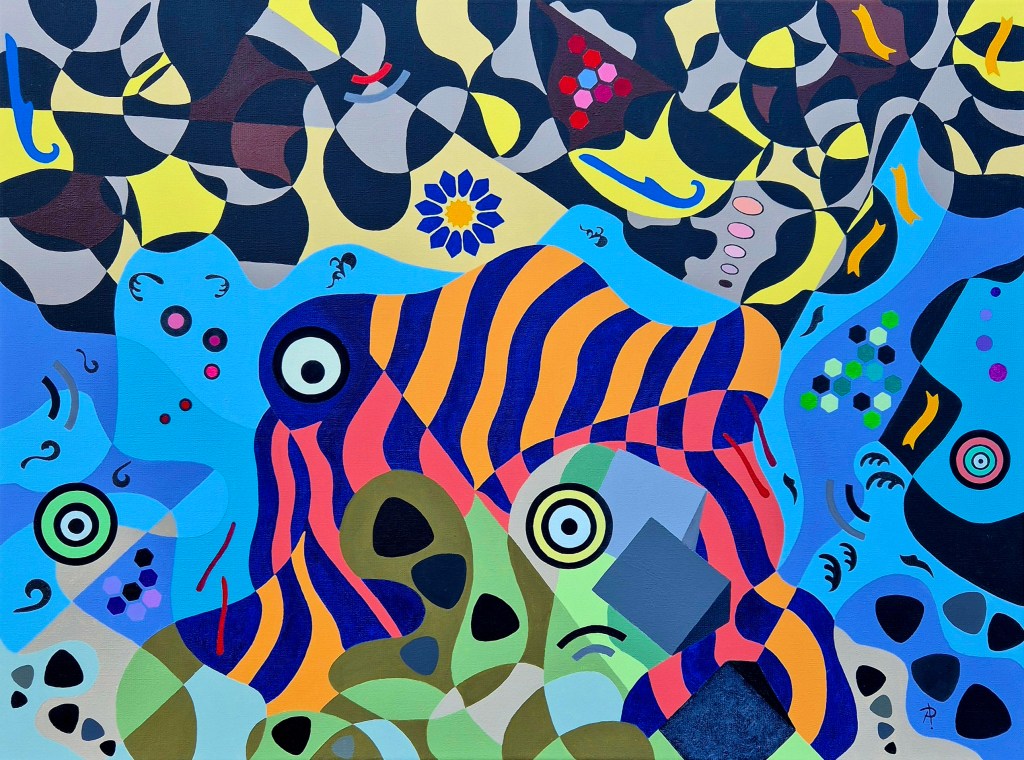 Abstract painting featuring a vibrant composition with colorful shapes, lines, and patterns, predominantly in shades of blue, orange, and yellow.