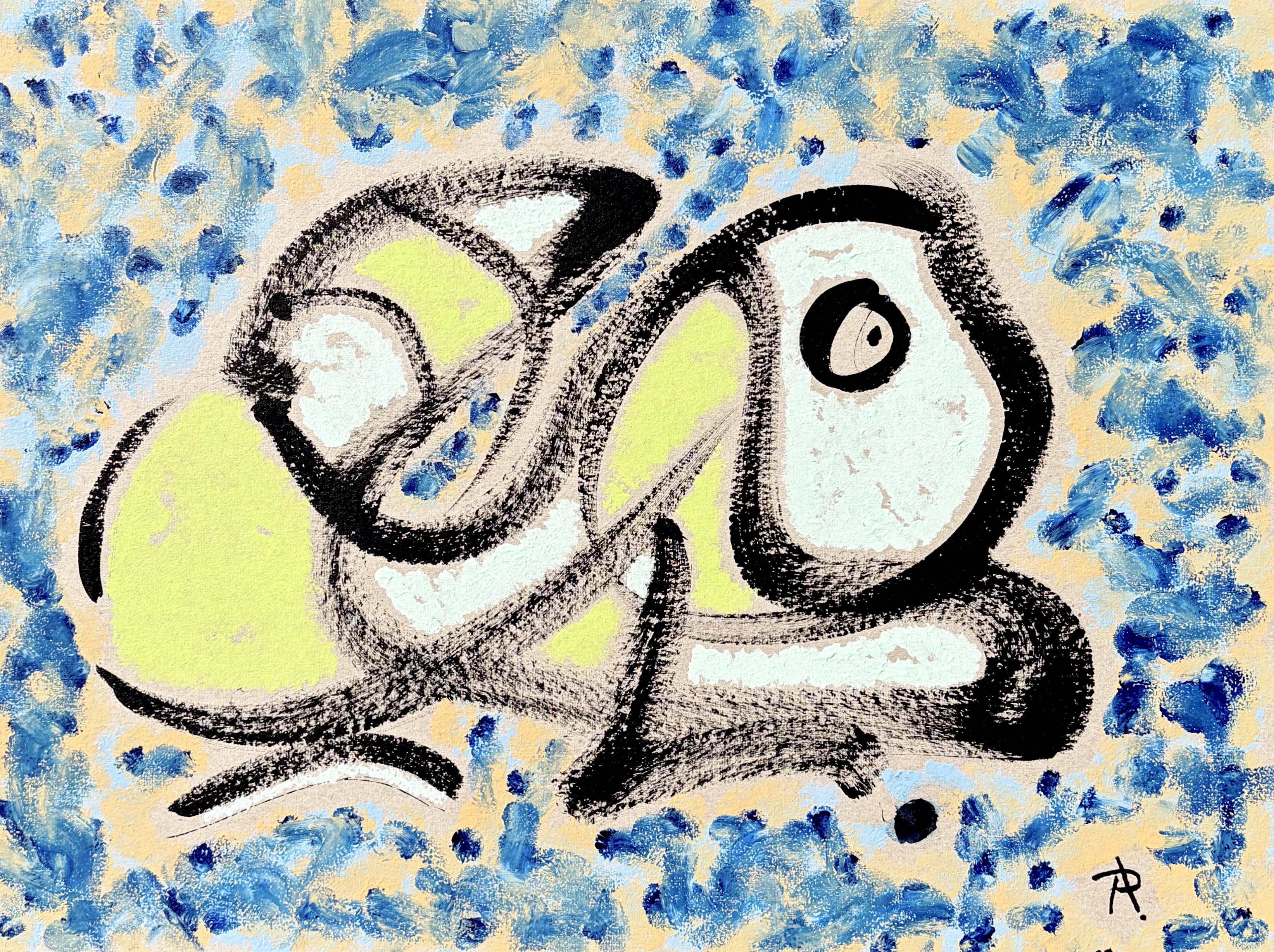 Paul Rodenbourg – Jaune, Bleu, Noir sur Carton – peinture abstraite et surréaliste – acrylic on cardboard – contemporary abstract surrealist artwork – Luxembourg artist